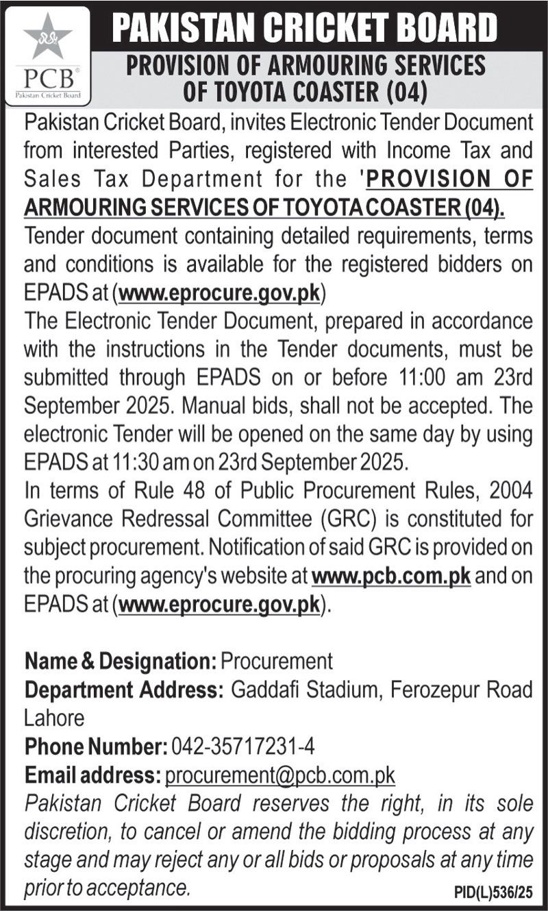 Pakistan Cricket Board Tender Notice